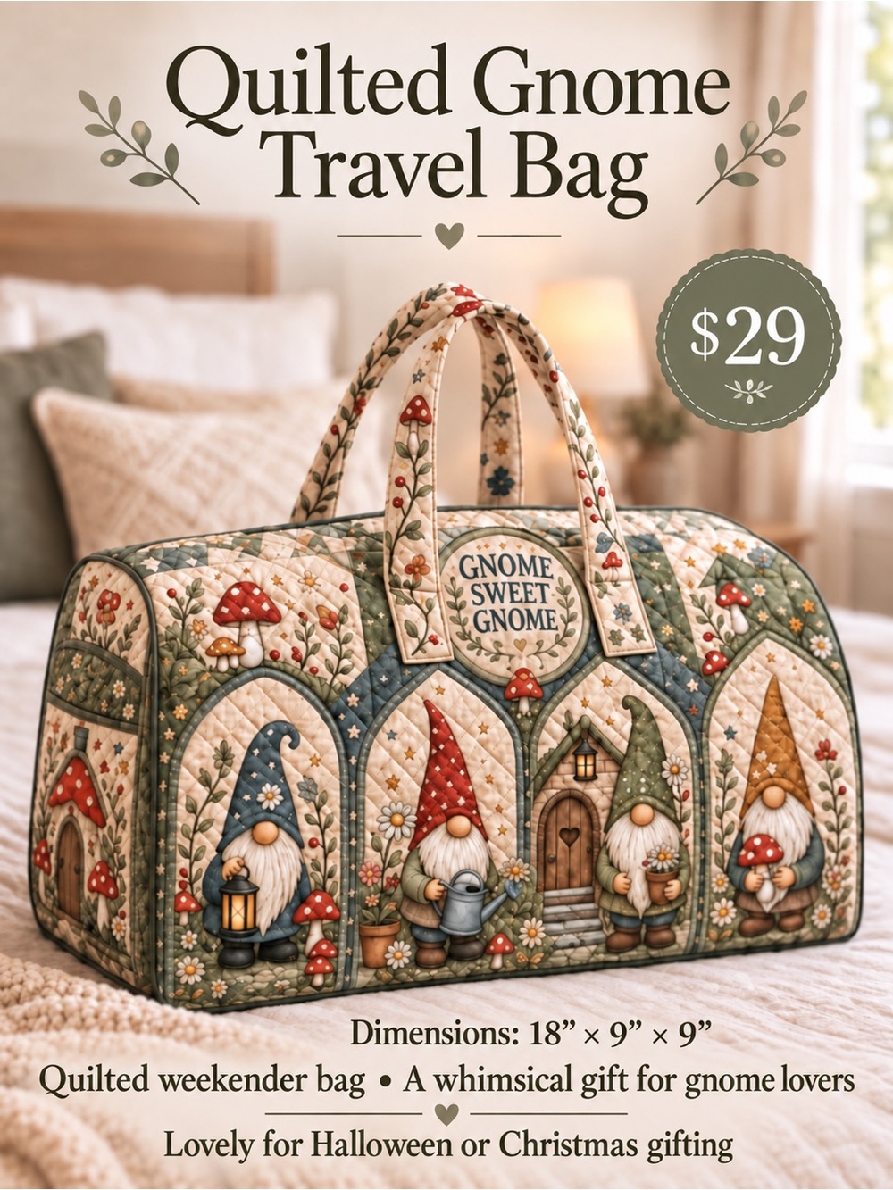 Quilted Gnome Travel Bag in Green & Cream
